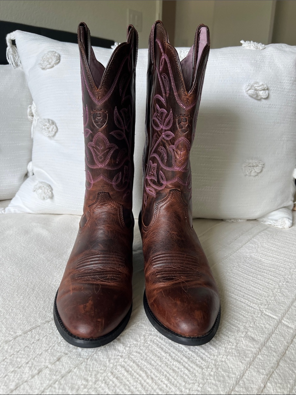 Ariat Brown Leather Western Heeled Boots with Pink Stitching - Picture 2 of 12